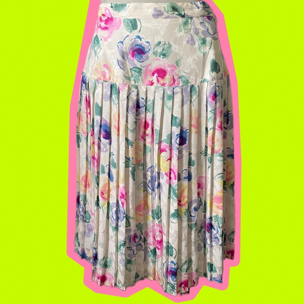 80s Maggy London Pleated Silk Floral Skirt
